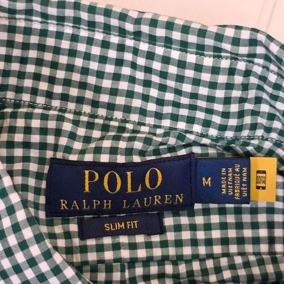 Polo Ralph Lauren Men's M Button Down Shirt Green Gingham Slim Fit Long Sleeve - Picture 4 of 8